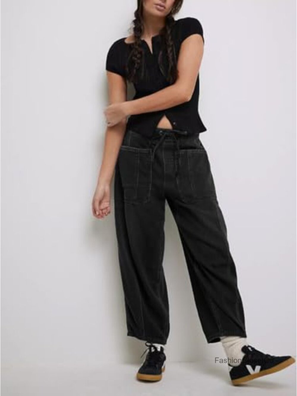 Womens Barrel Jeans Elastic Drawstring Loose Wide Leg Cropped Denim Pants Y2k - Picture 5 of 6